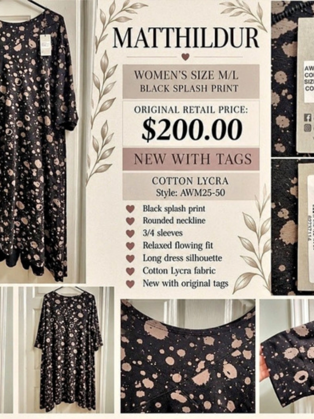 MATTHILDUR Black Splash Print Dress M/L NWT Cotton Lycra
